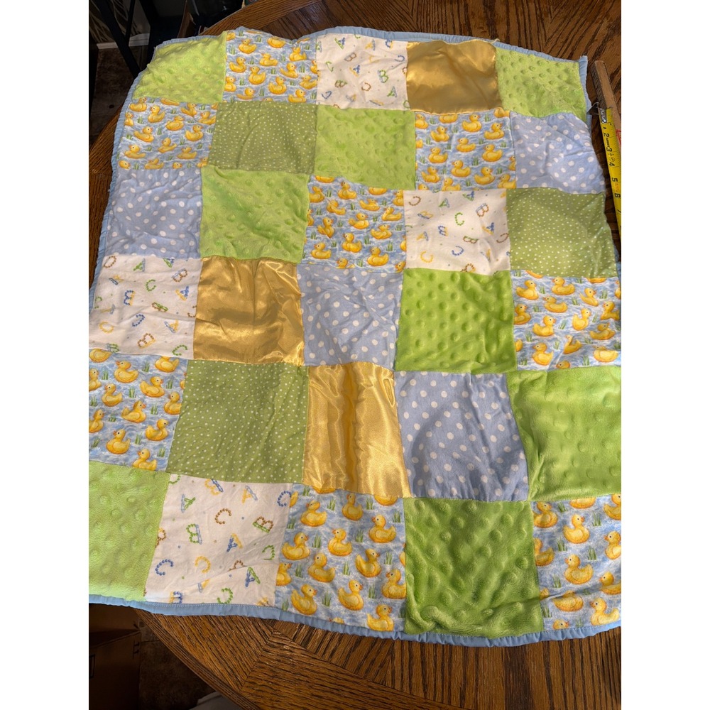 Project Linus Patchwork Baby Blanket Rubber Ducky Minky Satin Green Blue 33x27